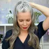 sillk straight grey real hair pony tail hairpiece Wrap drawstring clip in Dye free natural highlight salt and pepper gray human ponytails