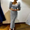 Casual Dresses Women Sexig Puff Shoulder Shiny Party Dress Spring Elegant Square Collar Slim BodyCon Ladies Autumn Long Sleeve