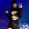 Goth Dark Y2k Punk Robes en velours noir et Camsi 2pc Ensemble Casual Gothique Sexy Découpé Robe à manches longues Tie Up Cropped Co-ord Set G0214