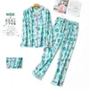Pyjamas Frauen 100% Baumwolle 2-teilige Pyjamas Langarm Hosen Nachtwäsche Herbst Winter Pijama Weibliche Druck Cartoon Home Wear Y200708