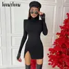 Women Spring Autumn Long Sleeve Bodycon Soild Color Black Slim Package Hip Mini Dress Female Clothing Streetwear W220308
