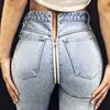 Seksi Geri Fermuar Açık Mavi Denim Kot Sonbahar Kış Kadınlar Yüksek Bel Skinny Kalem Pantolon Kadın Streetwear Pantolon 201105