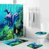 Ouneed motif coloré océan monde imperméable à l'eau salle de bain rideau de douche 4PCS ensemble toilettes antidérapantes polyester tapis de couverture ensemble 2020 nouveau T200711