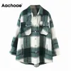 Aachoee solta casual lã xadrez mulheres mulheres giram o casaco de moda de colarinho com bolsos outono de manga longa senhoras casacos casacos 201023