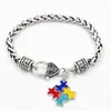 Link Chain Autism Awareness Puzzle Pieces Charm Bracelet Kleurrijke email Jigsaw Hangers Antieke verzilverde armbanden voor mannen Women1Link