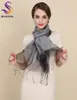 New Elegant Organza Silk Scarf Shawl Fashion 100% Mulberry Silk Silver Grey Female Long Scarves Autumn Winter Ladies Tassel Cape S274q