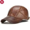 Men Real Cowhide Leather Earlap Caps Male Fall Winter 100% Real Cow Leather Hats New Casual Real Leather Outdoor Baseball Cap Y200110