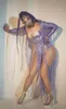 Sexy Bar Nightclub Fringe Fringe DJ DJ Singer Dancer Stage Wear Purple Tassel Crystal equins bodysuit long Longeve Leotard Women Performance DS Costume