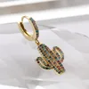 Unga damer gåva guldpläterade mässing hoop örhängen micro pave multi color zircon cactus charm örhänge