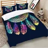 Dreamcatcher Ensemble de literie Queen Size Plumes colorées Polyester Housse de couette Bohème Mandala Literie 3pcs Noir Textiles de maison 201021