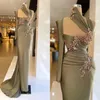 2022 neue formale elegante Ballkleider Single Langarm 3D Blumen Spitze Frauen Mantel lange Meerjungfrau Abend Pageant Party Kleider Plus Größe Arabisch Aso Ebi Robe De