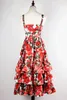 High quality 2020 summer new fashion red rose print lotus leaf side cascading cake type sexy harness beach style women dress Y0118