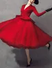 Abito da ballo rosso elegante abito vintage Quinceanera con scollo a V manica lunga lunghezza al ginocchio tulle abito da sera formale abiti da festa r2314