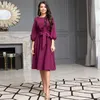 Autumn Vintage Solid Lantern Sleeve a-Line Dress Women Elegant O-Neck Long Sleeve Sashes Knee-Length Casual Dress LJ200818