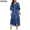 Vonda Verão Long Maxi Dress Mulheres Sexy V Pescoço 3/4 Lanterna Sleeve Dresses Casual Solto Sundress Bohemian Plus Size Vestidos T200416