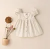 Austrália UK US Kids Girls Vestida Algodão e Linho Qualidade Buff de Manga Curta Botões Designer Verão Crianças Vestido Ins