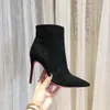 Luxe Black Suede Leather Punte Toes Womens Merk Enkel Laarzen Designer Mode Sexy Dames Hoge Hakken Schoenen Pumps 10cm Hakken