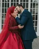 Muslim Arabic Ball Gown Wedding Dresses 2021 Red High Neck Long Sleeves Major Beading Bridal Gowns Puffy Satin Kaftan Dubai Abaya AL7897