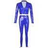 Women's Tracksuits Solid PU Leather Women Two Piece Set Skinny V-neck Long Sleeve Casual Lounge Wear Sexy Clubwear Basic Female Kit Blue1