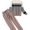 Ensemble Women s Knitting Suit Femme 2 Pieces Pantalon Striped Long sleeved Jumper Trousers Female Knitting Sets LJ201126