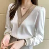 Białe bluzki z długim rękawem topy damskie Blusas Mujer De Moda haftowana szyfonowa koszula z dekoltem w serek E226