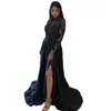 2022 Lace A-Line Evening Dresses Illusion Long Sleeve Appliques Sexy Black Formal Occasion Gowns Leg Split Satin Charming Prom Dress Robe De Soirée