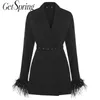 Getspring mulheres blazer longa penas pretas blazer jaquetas cinto bandagem mulheres blazers jaquetas vintage casacos novos mulheres primavera top 201023