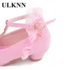 ULKNN niños fiesta zapatos de cuero niñas PU tacón bajo encaje flor niños para un solo vestido de baile zapato blanco rosa 220225