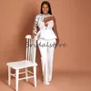 Superbe Plus La Taille Blanc Robes De Bal Illusion Dentelle À Manches Longues Africain Robes De Bal Combinaison Satin Robe De Soirée 2021 Mode Nouveau P288m