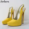 Sorbern gul glänsande kvinnor slingback pump skor pekade tå storlek US12 plattform sommarskor 20cm höga klackar anpassade färger