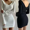 Sexy scollo a V nero mini vestito aderente per le donne primavera autunno manica lunga temperamento moda bianco abiti donna sottile Y0118