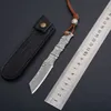 1Pcs New Small Damascus Fixed Blade Knife VG10 Damascus Steel Tanto Point Blade Full Tang Bamboo Handle With Leather Sheath