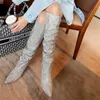 Hot Sale Prova Perfetto Women Pointed Toe Bling Bling Over Knee Rhinestone Boots Crystal Long High Heel Boots Luxury Thin Heel Boots