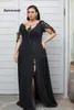 Stylish Lace Appliqued Plus Size Prom Dresses With Long Sleeves Sheer Neck Mother of the bride Dresses Split Evening Gowns