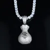 Volledige Micro Verharde Zirconia CZ Iced Out Dollar Geld Tas Hanger Hip Hop Vrouwen Ketting Met Tennis Box Chain2717763