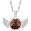 Custom Photo/ picture Iced Out Angel Wing Pendant Necklace with Curb Chain for Men/ Women Personalized Memory Picture Gold Hip Hop Jewelry