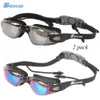 Goexplore 2 Stück Schwimmbrille für Erwachsene, Anti-Fog, UV-Schutz, wasserdichte Schwimmbrille mit kostenlosen Ohrstöpseln, für Männer und Frauen, Sportbrillen Q0112