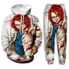 Commercio all'ingrosso - Nuovi uomini / donne di moda film horror Chucky Felpa Jogging Divertente stampa 3D Felpe con cappuccio unisex + pantaloni J030