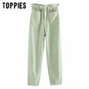 Weiße grüne Jeans Denim Papprotage Hosen Fronttaschen Hohe Taille Jeans Ankle Längt Streetwear 201006