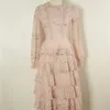Elegantes rosa Spitzenstickerei-Maxikleid für Damen, langärmliges Partykleid mit Rüschen und hoher Taille