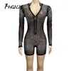 Fanieces Neon Pink Mesh Diamond Playsuit Vrouwen Lange Mouw Romper Doorzien door Sexy Club Party Bodycon Mini Jumpsuit Dropshipping T200704