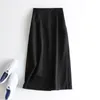2020 Autumn Women Solid Skirts Elastic High Tase A line Office Lady Spódnica podzielona Elegancka Faldas Saia Khaki LJ200820