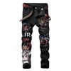 Mäns Jeans Black Printing Elastic Force Fritid Time Male Tide Brand Personality Direkt Canister Flower Pants Byxor