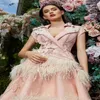 Fashion Pink Evening Dresses V Neck Feather Hand Made Flower Prom Dresses Sweep Train Knee Length A Line Short Sleeve Pageant Party Dress