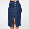 Fashion-Plus Size Denim Midi Spódnica Lato Elastyczna Wysoka Talii Przycisk Split Ołówek Spódnice Casual Daily Party Blue Jeans Spódnica Jupe
