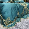 Högkvalitativ grön broderi långhäftande bomull Satin Bedding Set Queen King Duvet Cover Set ark European Palace Luxury 4PCS T200706