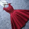 새로운 짧은 이브닝 드레스 새틴 레이스 와인 레드 회색 A 라인 신부 파티 공식 드레스 홈 졸업식 졸업 드레스 Robe de Soiree LJ201124
