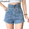 Neophil All-Match Women Shorts jeans Criss-Cross Button High Caist Slim Autumn Jean calças curtas Chiques skinny ladies P21763 Y220311