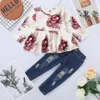 Baby Girl Winter Clothes Girl Baby Turnits Long mange à manches florales à manches longues Top Retro Ripped Jeans Kids tenue LJ201221