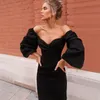 Lente Herfst Zwart Rood Vintage Elegante Bodycon Sexy V-hals Off Shoulder Long Puff Sleeve Club Midi Jurken voor Dames Party Y0118